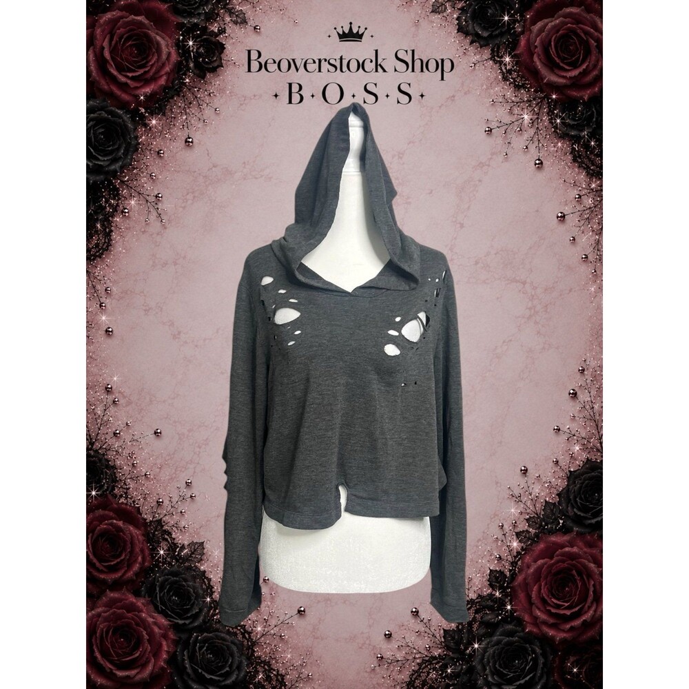 Preowned Fashion Nova Gray Distressed Cropped Hoodie – Size Small